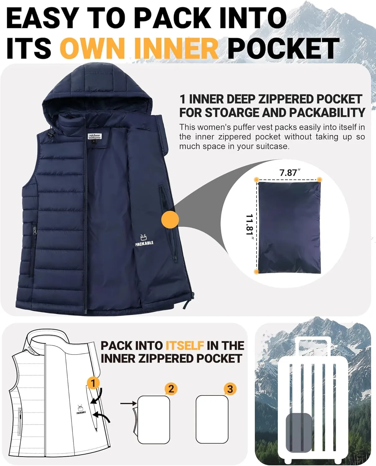 Outdoor Ventures Women's Lightweight Packable Hooded Puffer Vest Outerwear Zip Up Warm Sleeveless Winter Jacket Quilted Coat