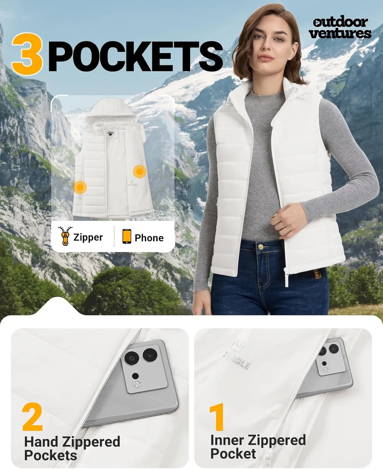 Outdoor Ventures Women's Lightweight Packable Hooded Puffer Vest Outerwear Zip Up Warm Sleeveless Winter Jacket Quilted Coat