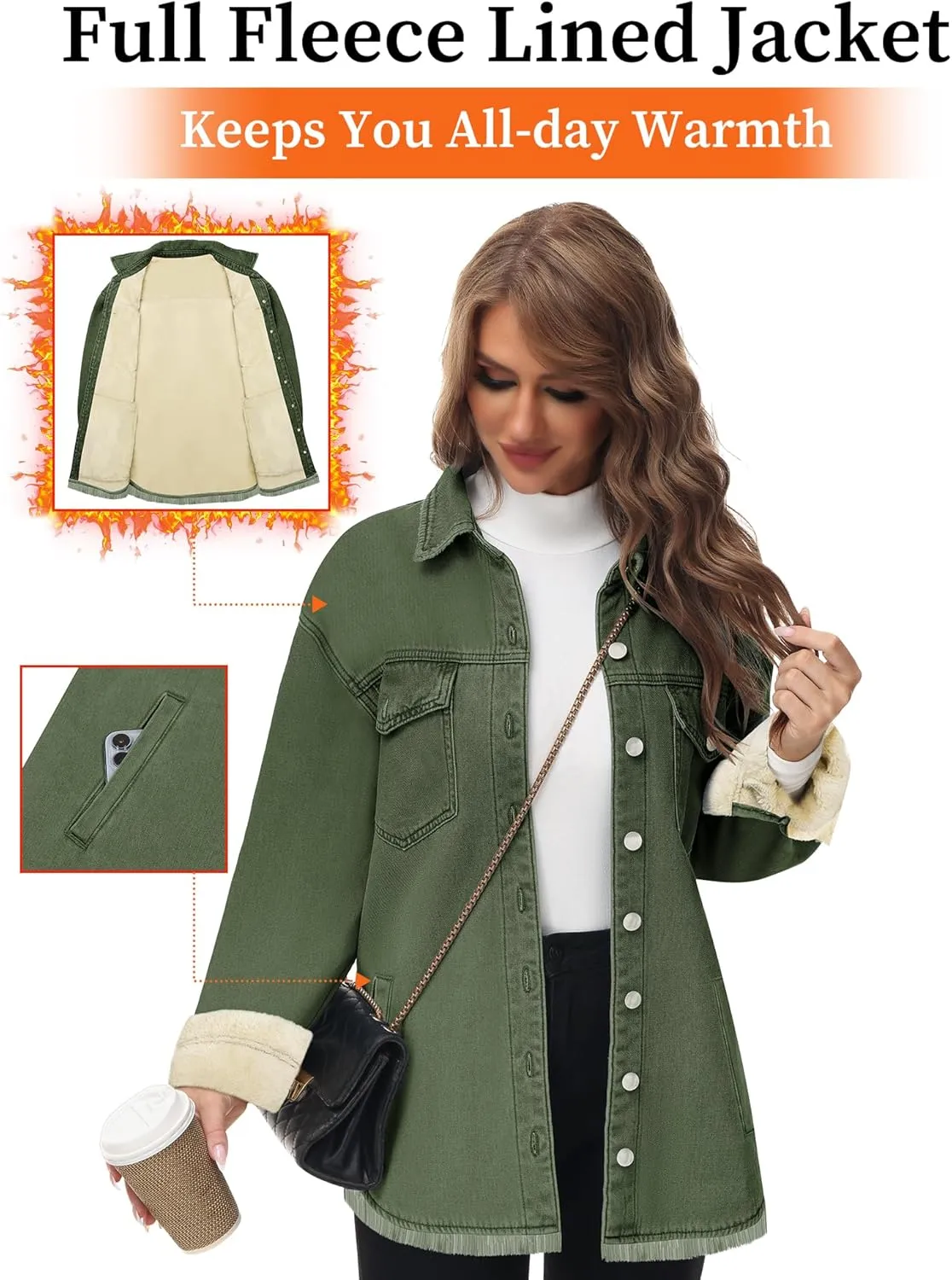 Oversized Denim Jacket Women 2024 Side Pockets Winter Long Sleeves Fleece Lined Denim Shirt Womens Jean Jacket