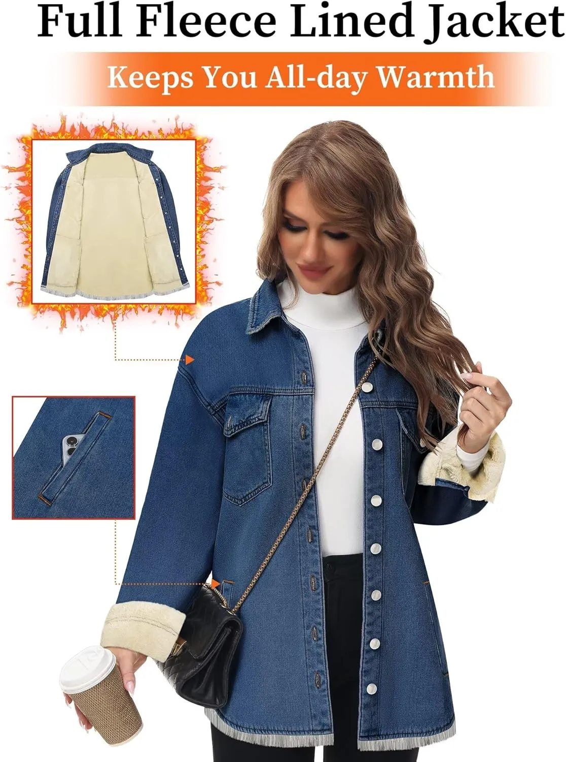 Oversized Denim Jacket Women 2024 Side Pockets Winter Long Sleeves Fleece Lined Denim Shirt Womens Jean Jacket