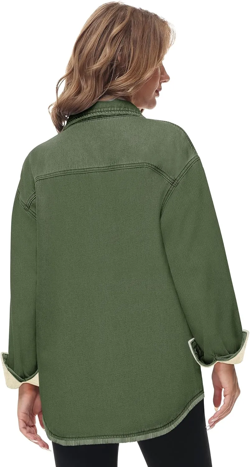 Oversized Denim Jacket Women 2024 Side Pockets Winter Long Sleeves Fleece Lined Denim Shirt Womens Jean Jacket
