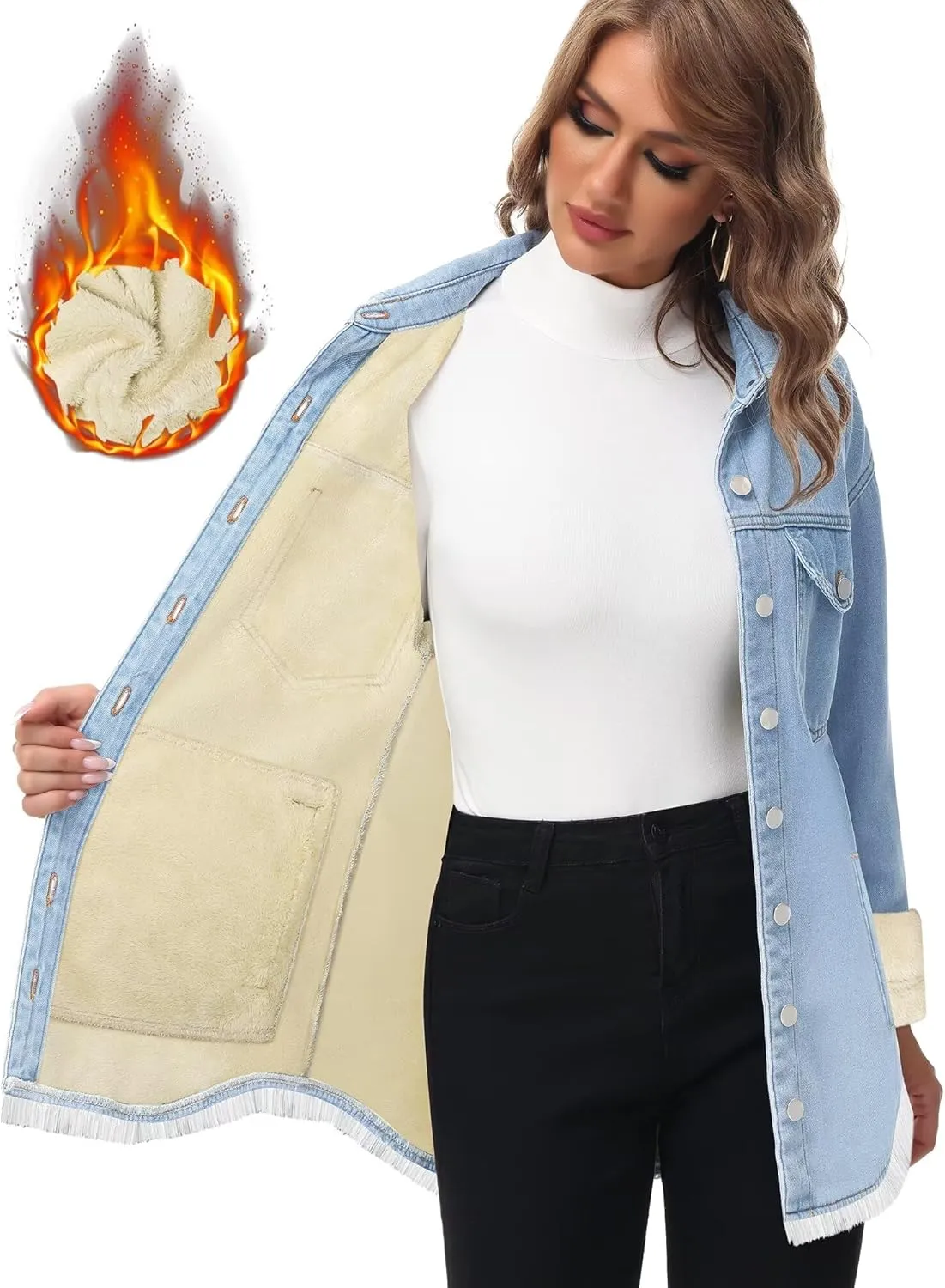 Oversized Denim Jacket Women 2024 Side Pockets Winter Long Sleeves Fleece Lined Denim Shirt Womens Jean Jacket