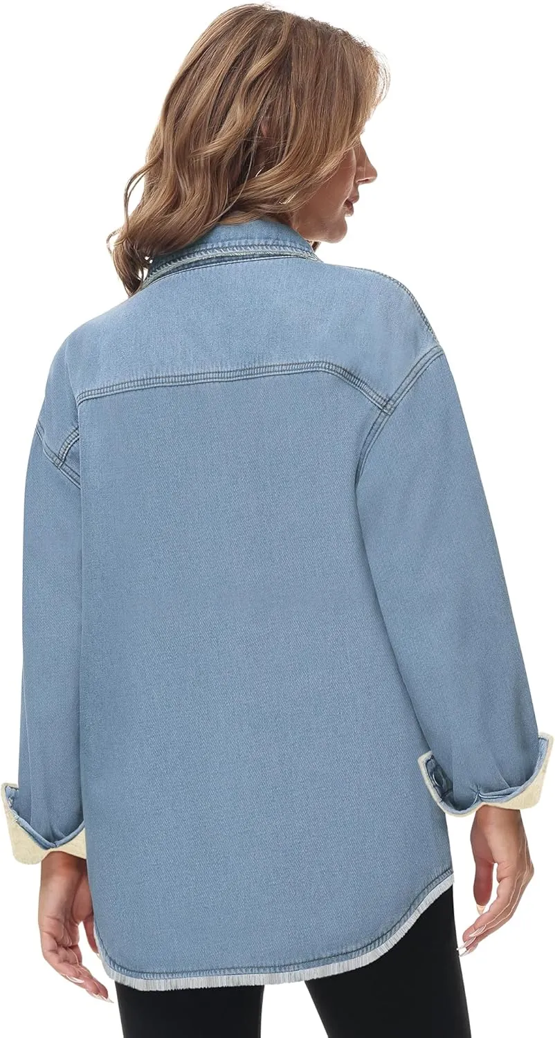 Oversized Denim Jacket Women 2024 Side Pockets Winter Long Sleeves Fleece Lined Denim Shirt Womens Jean Jacket