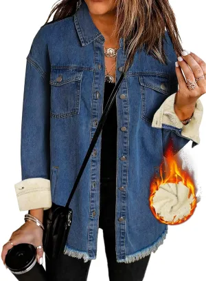 Oversized Denim Jacket Women 2024 Side Pockets Winter Long Sleeves Fleece Lined Denim Shirt Womens Jean Jacket