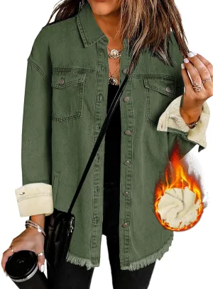 Oversized Denim Jacket Women 2024 Side Pockets Winter Long Sleeves Fleece Lined Denim Shirt Womens Jean Jacket