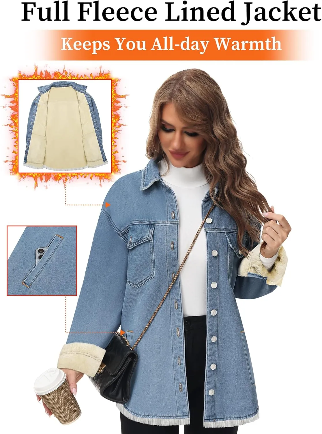 Oversized Denim Jacket Women 2024 Side Pockets Winter Long Sleeves Fleece Lined Denim Shirt Womens Jean Jacket