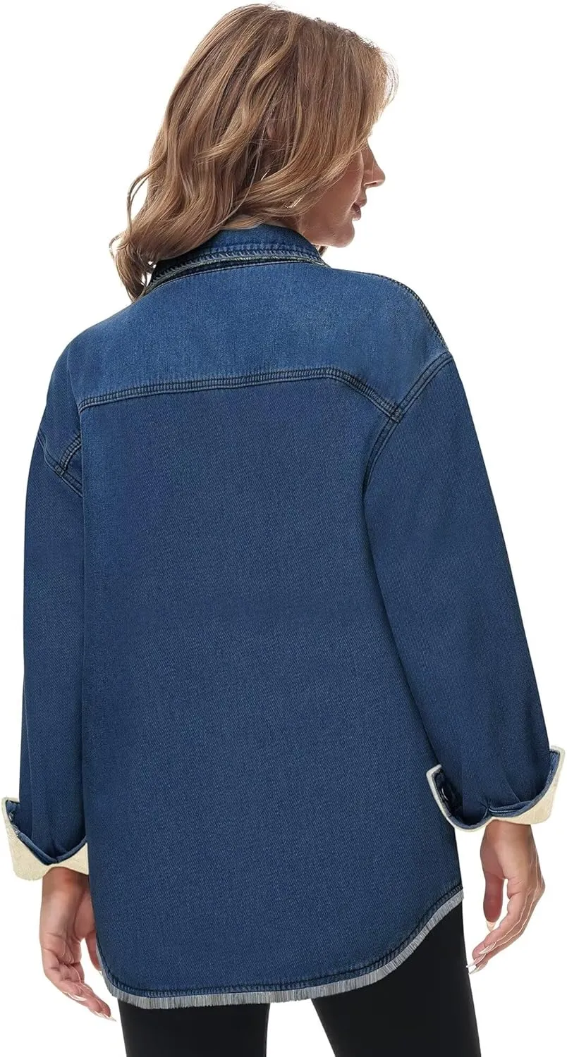 Oversized Denim Jacket Women 2024 Side Pockets Winter Long Sleeves Fleece Lined Denim Shirt Womens Jean Jacket