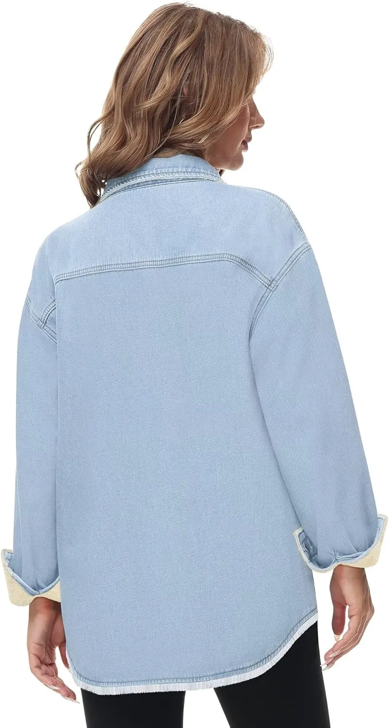 Oversized Denim Jacket Women 2024 Side Pockets Winter Long Sleeves Fleece Lined Denim Shirt Womens Jean Jacket