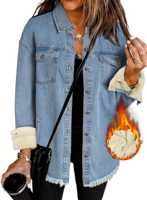 Oversized Denim Jacket Women 2024 Side Pockets Winter Long Sleeves Fleece Lined Denim Shirt Womens Jean Jacket