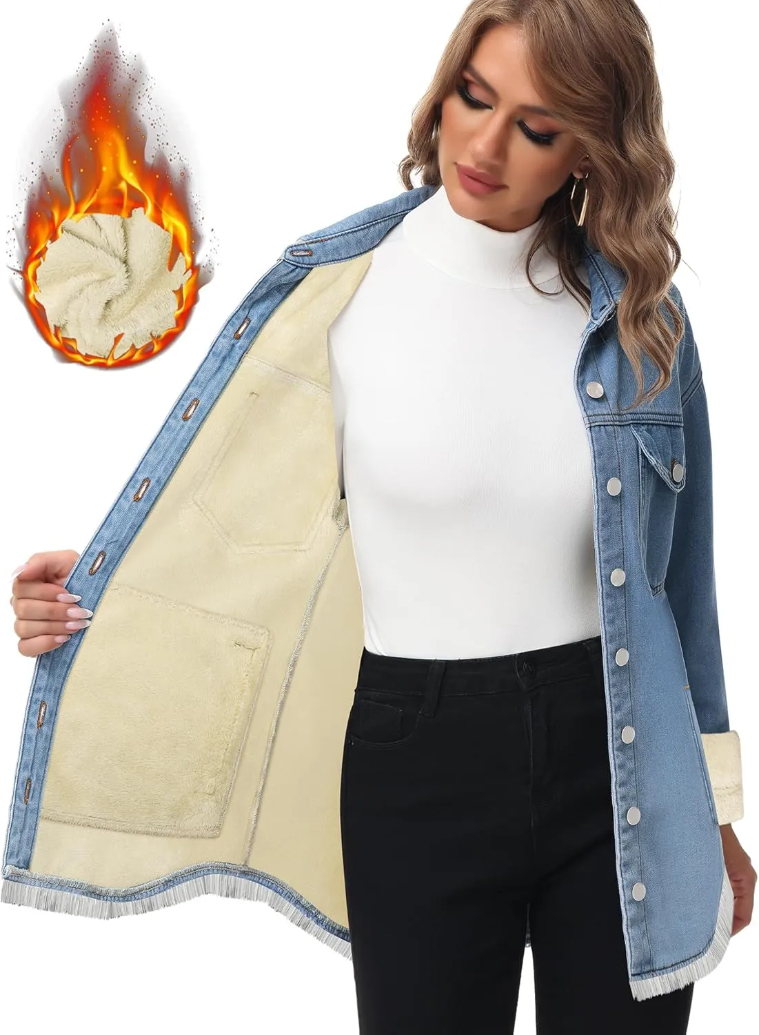 Oversized Denim Jacket Women 2024 Side Pockets Winter Long Sleeves Fleece Lined Denim Shirt Womens Jean Jacket