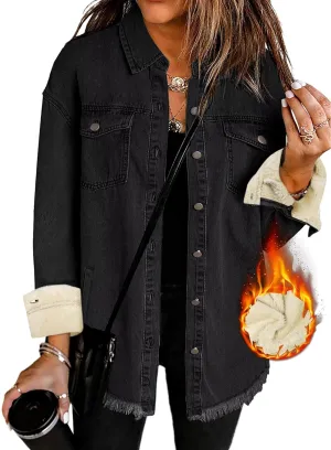 Oversized Denim Jacket Women 2024 Side Pockets Winter Long Sleeves Fleece Lined Denim Shirt Womens Jean Jacket