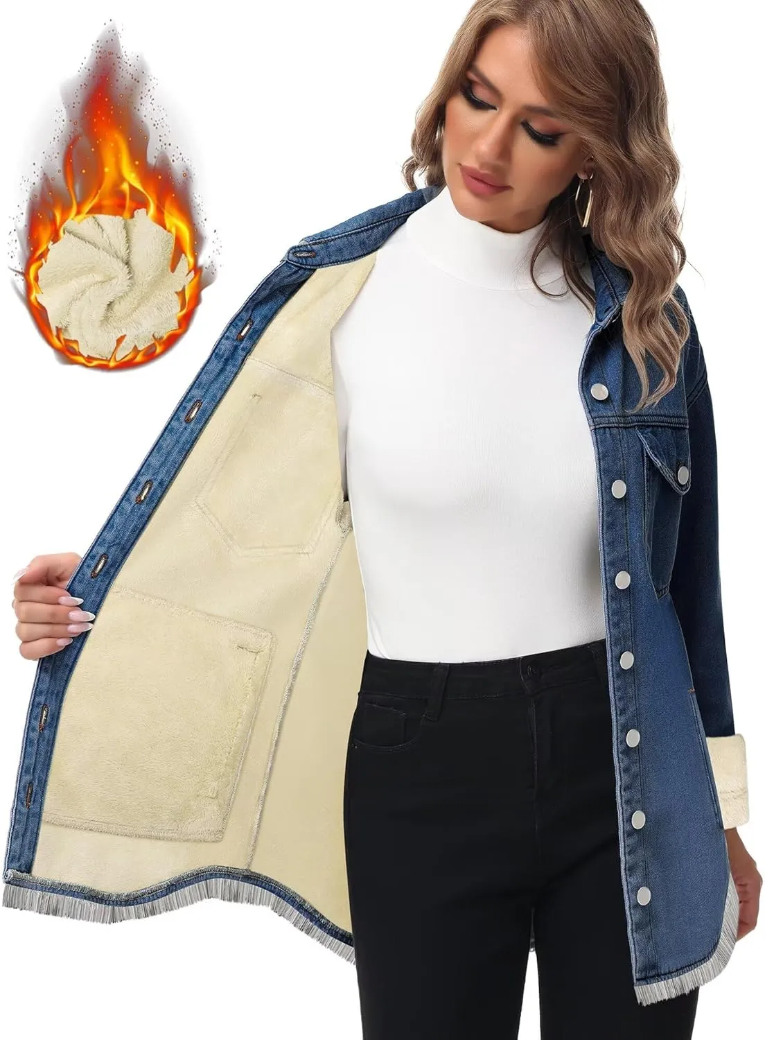 Oversized Denim Jacket Women 2024 Side Pockets Winter Long Sleeves Fleece Lined Denim Shirt Womens Jean Jacket