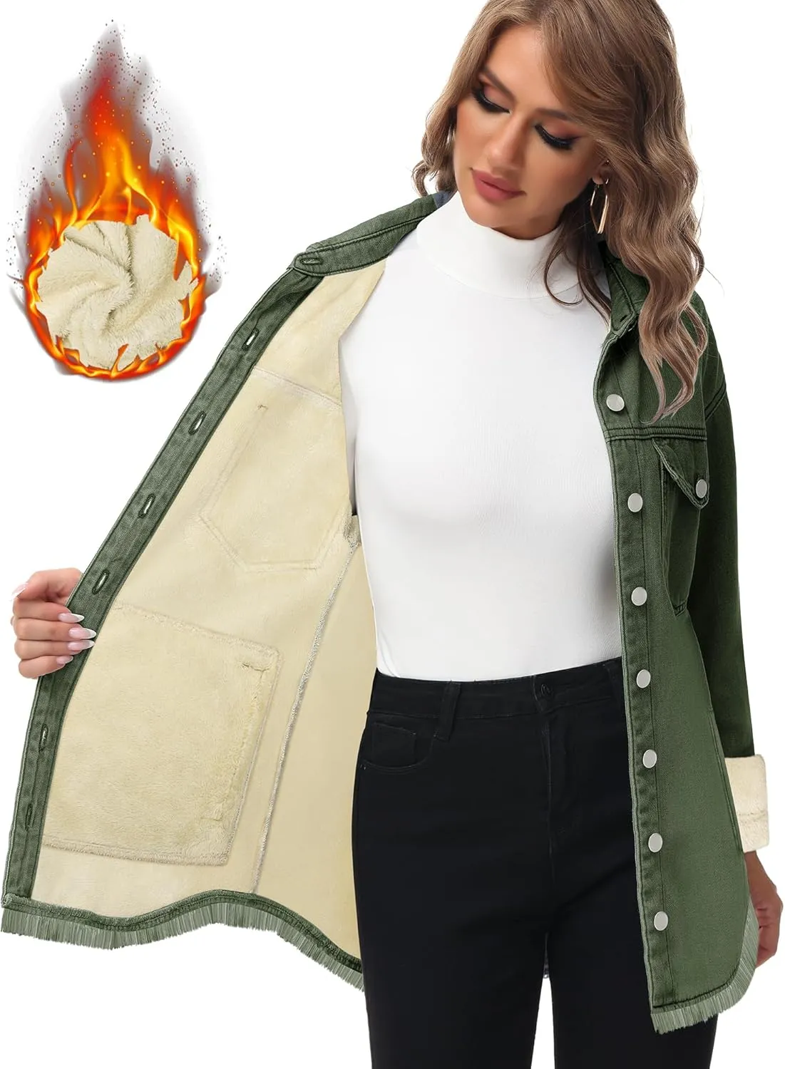 Oversized Denim Jacket Women 2024 Side Pockets Winter Long Sleeves Fleece Lined Denim Shirt Womens Jean Jacket