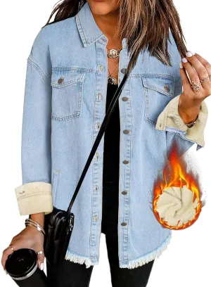 Oversized Denim Jacket Women 2024 Side Pockets Winter Long Sleeves Fleece Lined Denim Shirt Womens Jean Jacket