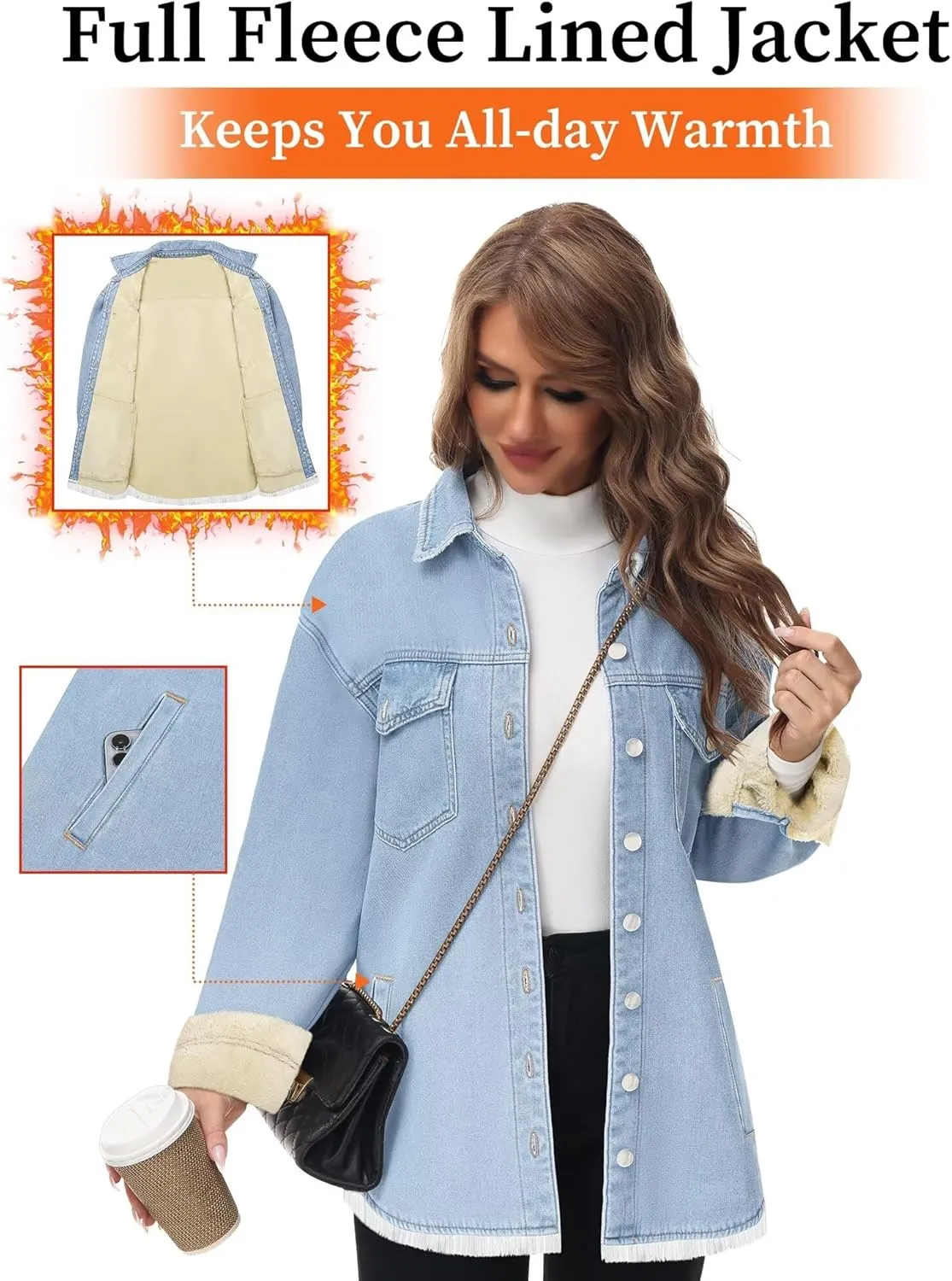 Oversized Denim Jacket Women 2024 Side Pockets Winter Long Sleeves Fleece Lined Denim Shirt Womens Jean Jacket