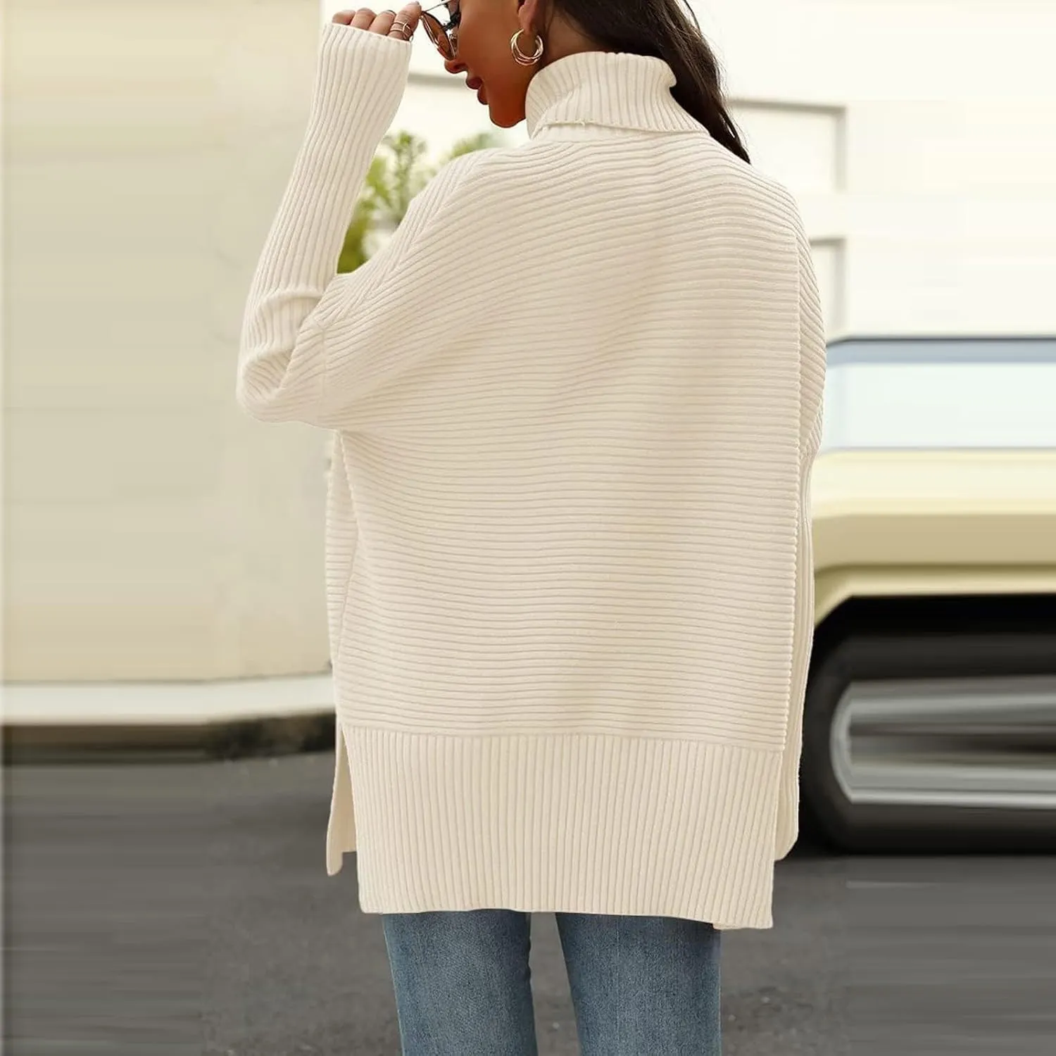 Oversized Sweaters for Women Turtleneck Bat-Wing Long Sleeve Ribbed Pullover Cozy Baggy Sweater 2024 Fall Outfits