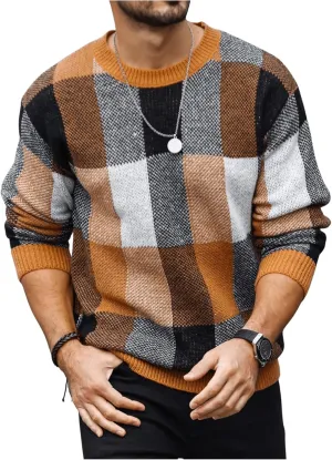 OYOANGLE Men's Color Block Plaid Print Long Sleeve Crew Neck Sweater Pullover Tops