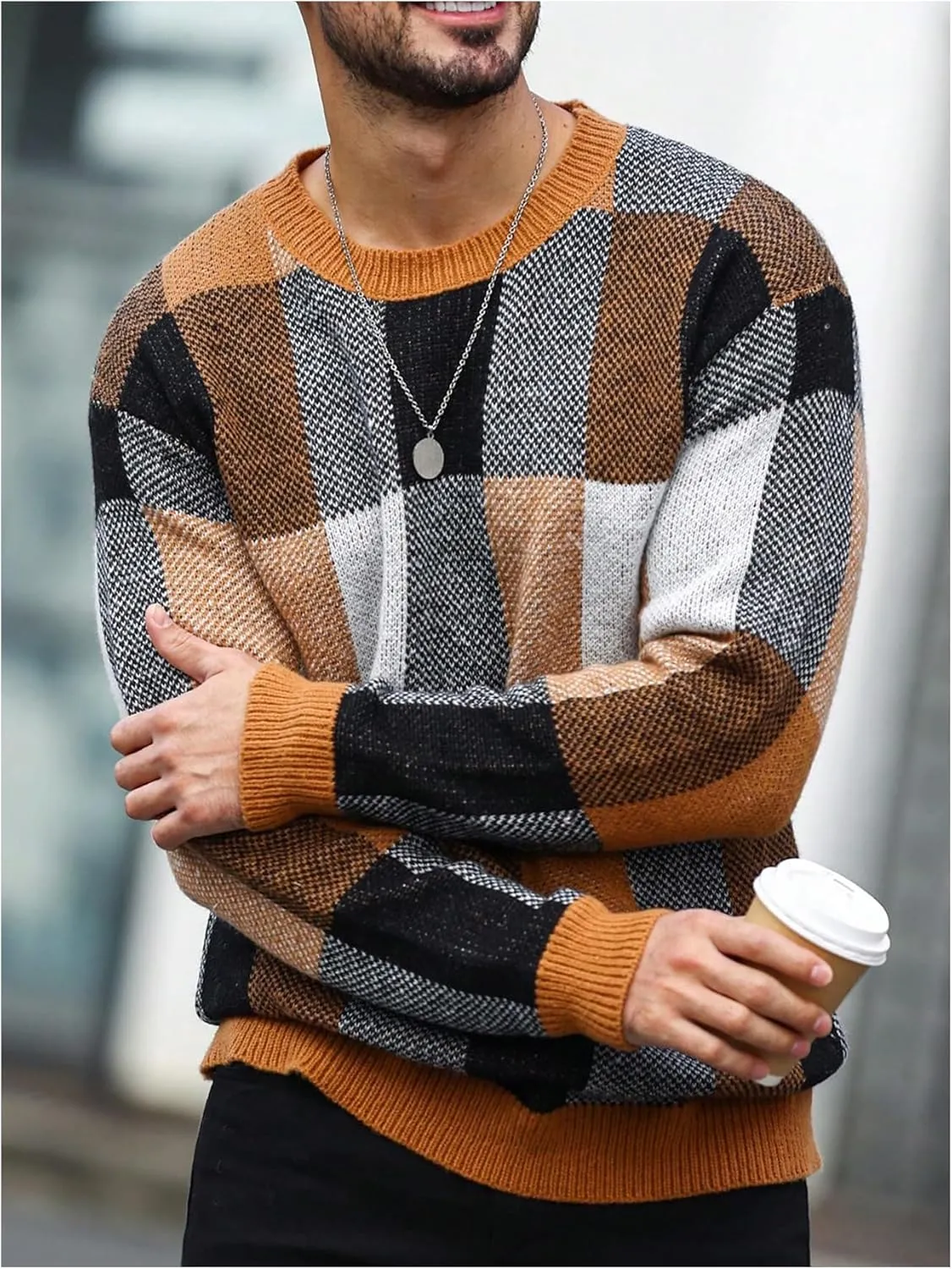 OYOANGLE Men's Color Block Plaid Print Long Sleeve Crew Neck Sweater Pullover Tops