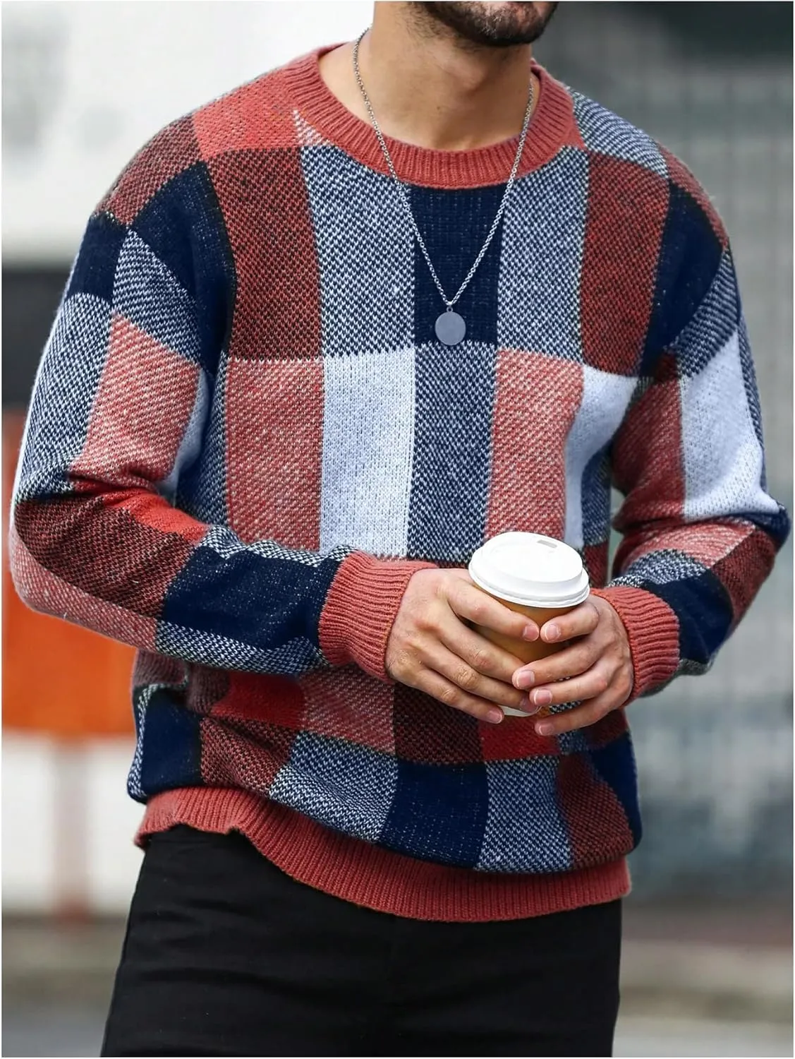 OYOANGLE Men's Color Block Plaid Print Long Sleeve Crew Neck Sweater Pullover Tops