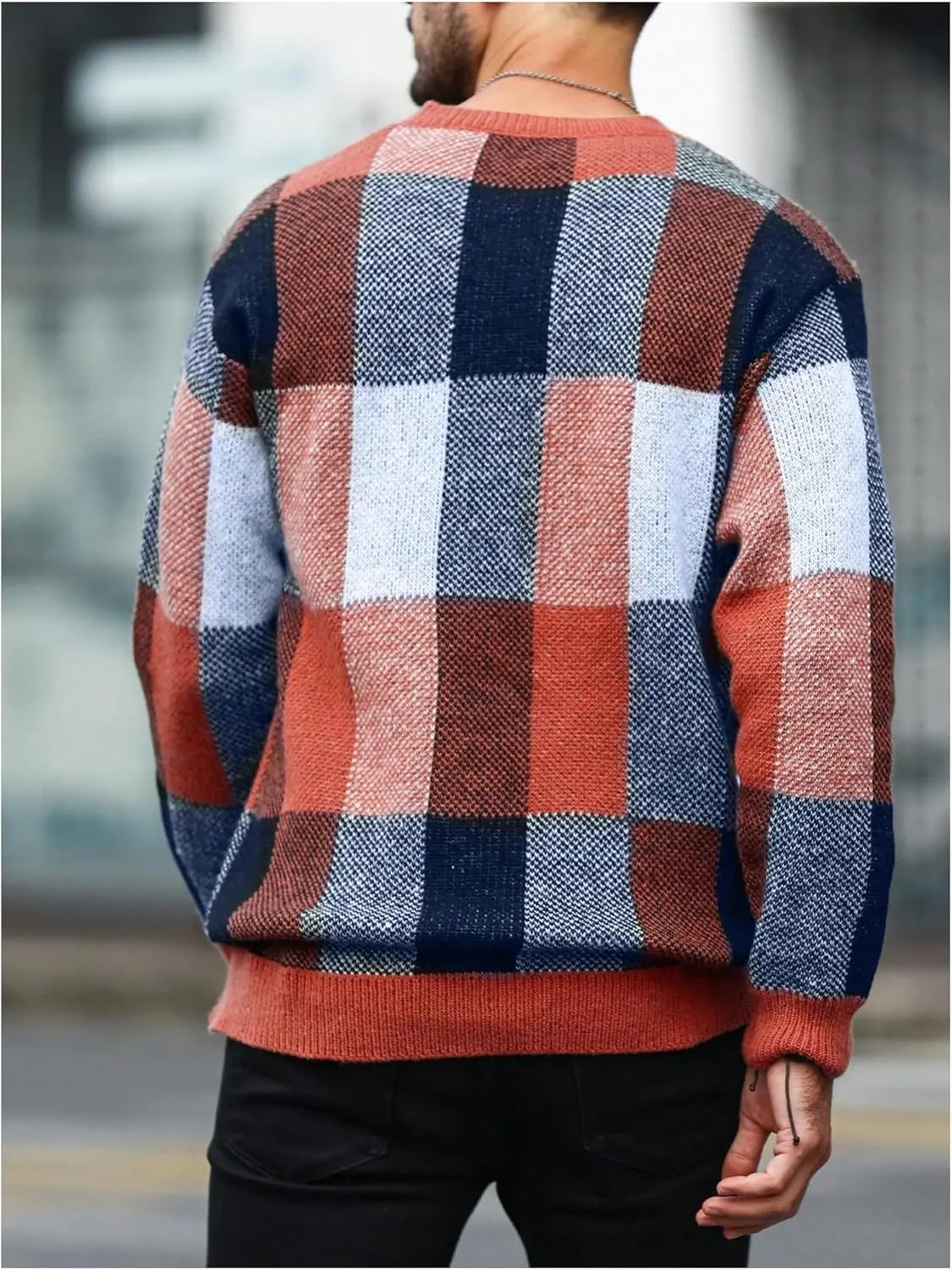 OYOANGLE Men's Color Block Plaid Print Long Sleeve Crew Neck Sweater Pullover Tops
