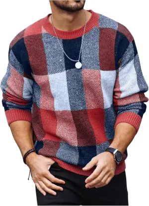 OYOANGLE Men's Color Block Plaid Print Long Sleeve Crew Neck Sweater Pullover Tops