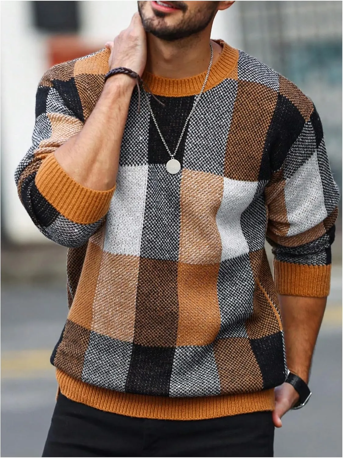 OYOANGLE Men's Color Block Plaid Print Long Sleeve Crew Neck Sweater Pullover Tops