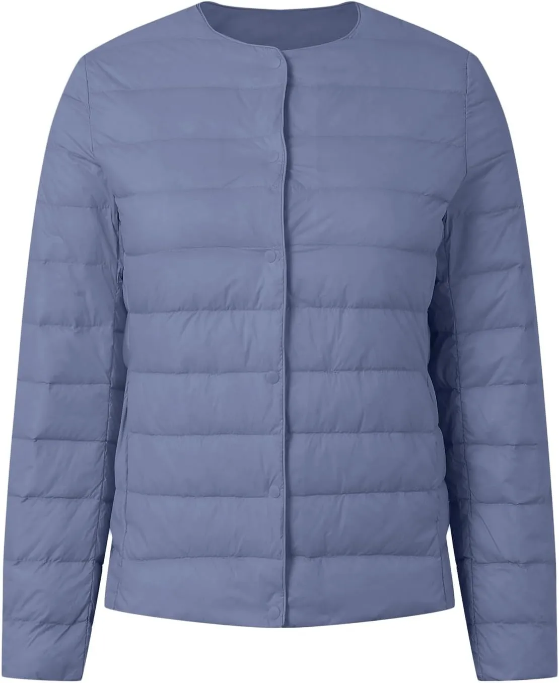 Packable Down Jacket for Women Lightweight Quilted Coat Portable Crewneck Long Sleeve Down Jackets Button Down