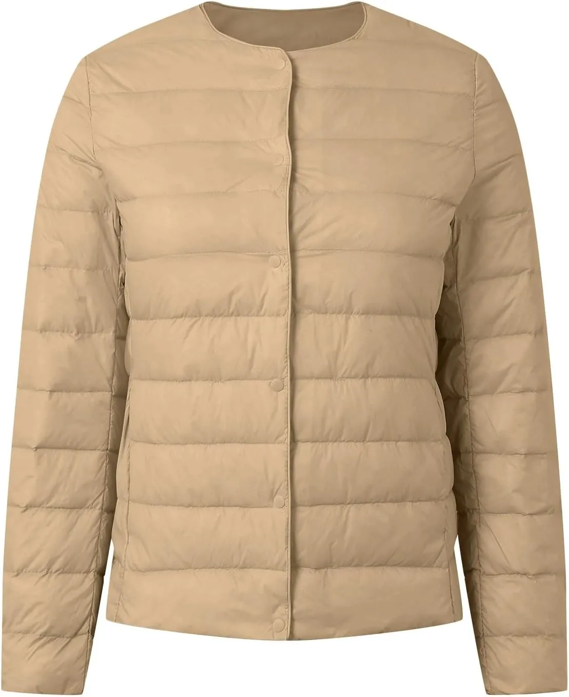 Packable Down Jacket for Women Lightweight Quilted Coat Portable Crewneck Long Sleeve Down Jackets Button Down