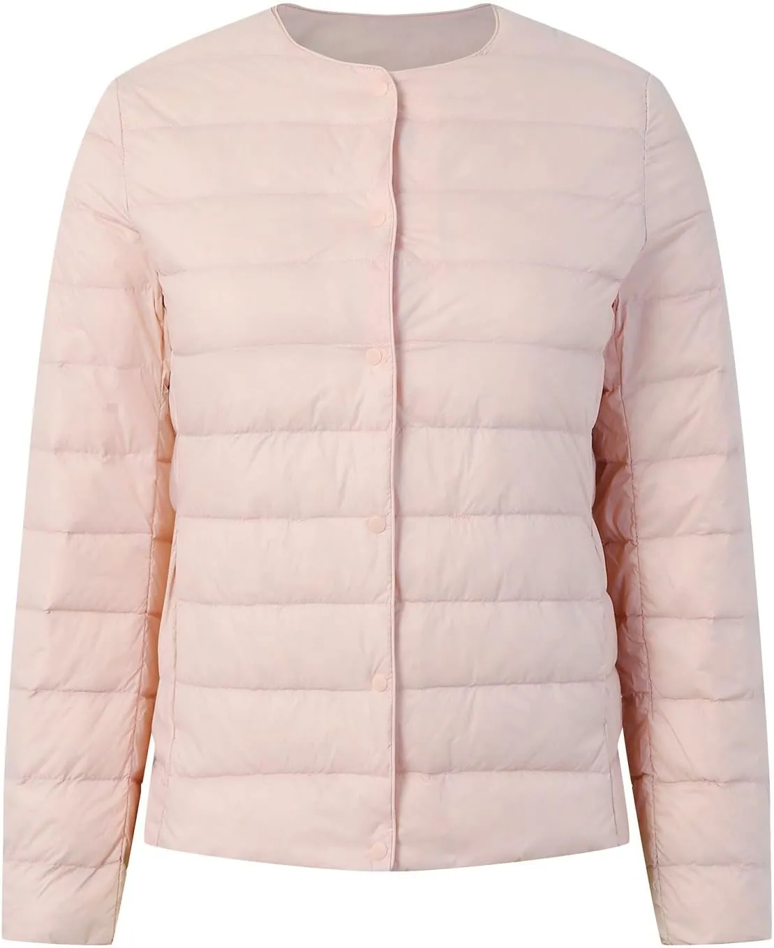 Packable Down Jacket for Women Lightweight Quilted Coat Portable Crewneck Long Sleeve Down Jackets Button Down