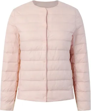 Packable Down Jacket for Women Lightweight Quilted Coat Portable Crewneck Long Sleeve Down Jackets Button Down