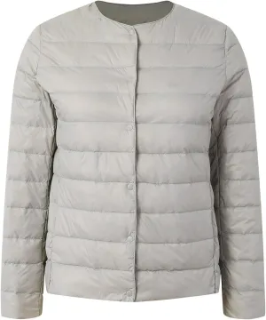 Packable Down Jacket for Women Lightweight Quilted Coat Portable Crewneck Long Sleeve Down Jackets Button Down
