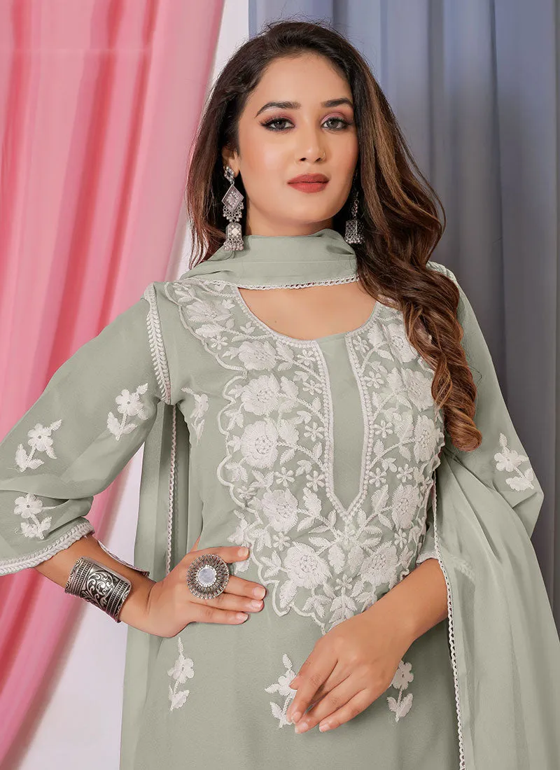 Pale Green Lucknowi Thread Embroidery Palazzo Suit