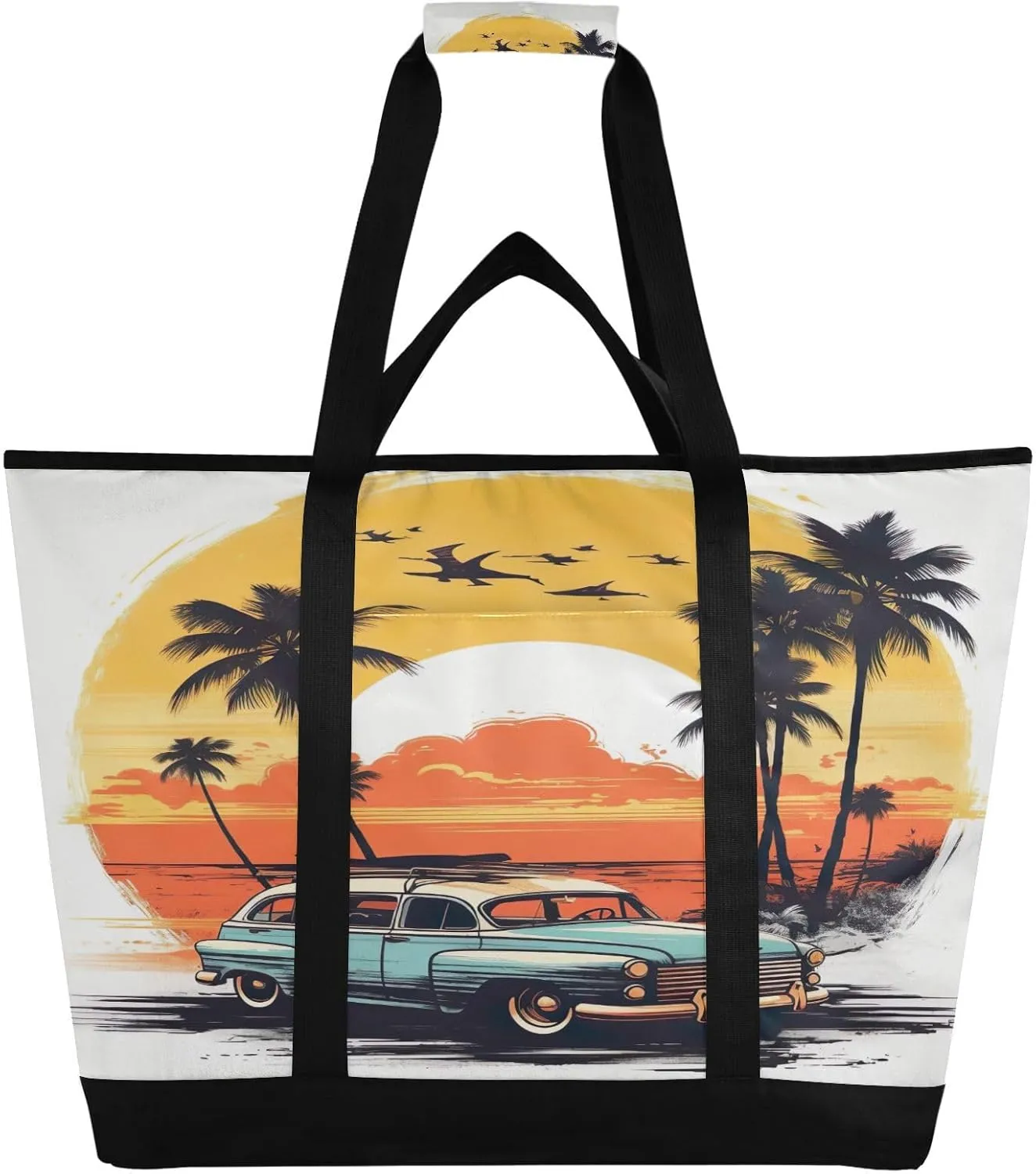 Palm Tree Summer Tote Bag for Women with Zipper Reusable Grocery Bags Foldable Insulated Cooler Bag Totes Shopping Bags Handbags for Groceries Travel Picnic Beach Work