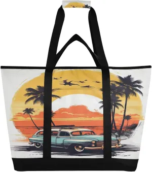 Palm Tree Summer Tote Bag for Women with Zipper Reusable Grocery Bags Foldable Insulated Cooler Bag Totes Shopping Bags Handbags for Groceries Travel Picnic Beach Work