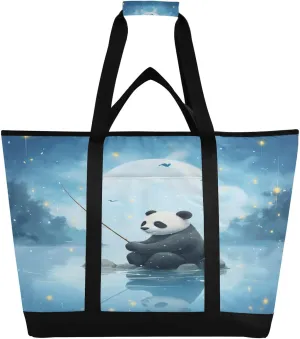 Panda Bear Fishing Tote Bag for Women with Zipper Reusable Grocery Bags Foldable Insulated Cooler Bag Totes Handbags Shopping Bags for Groceries Travel Beach Work Picnic