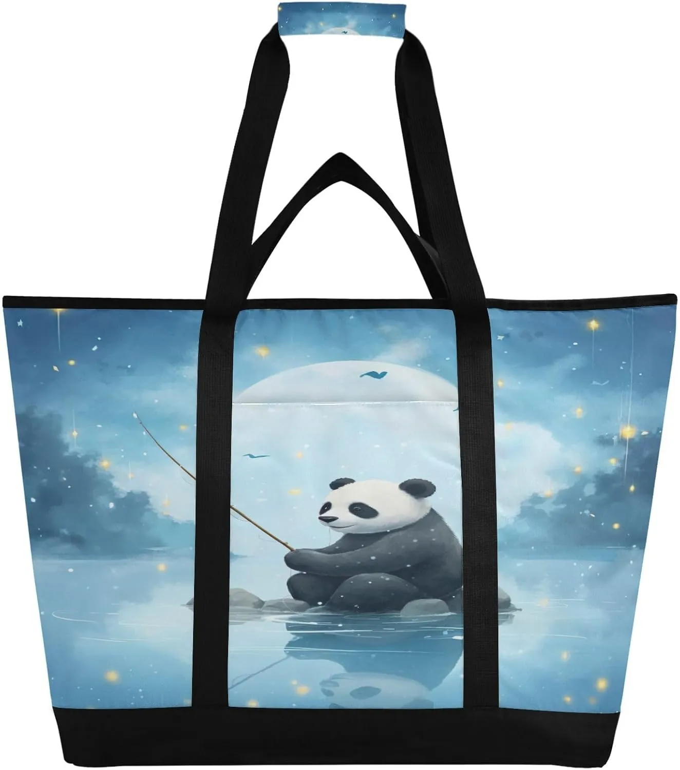 Panda Bear Fishing Tote Bag for Women with Zipper Reusable Grocery Bags Foldable Insulated Cooler Bag Totes Handbags Shopping Bags for Groceries Travel Beach Work Picnic