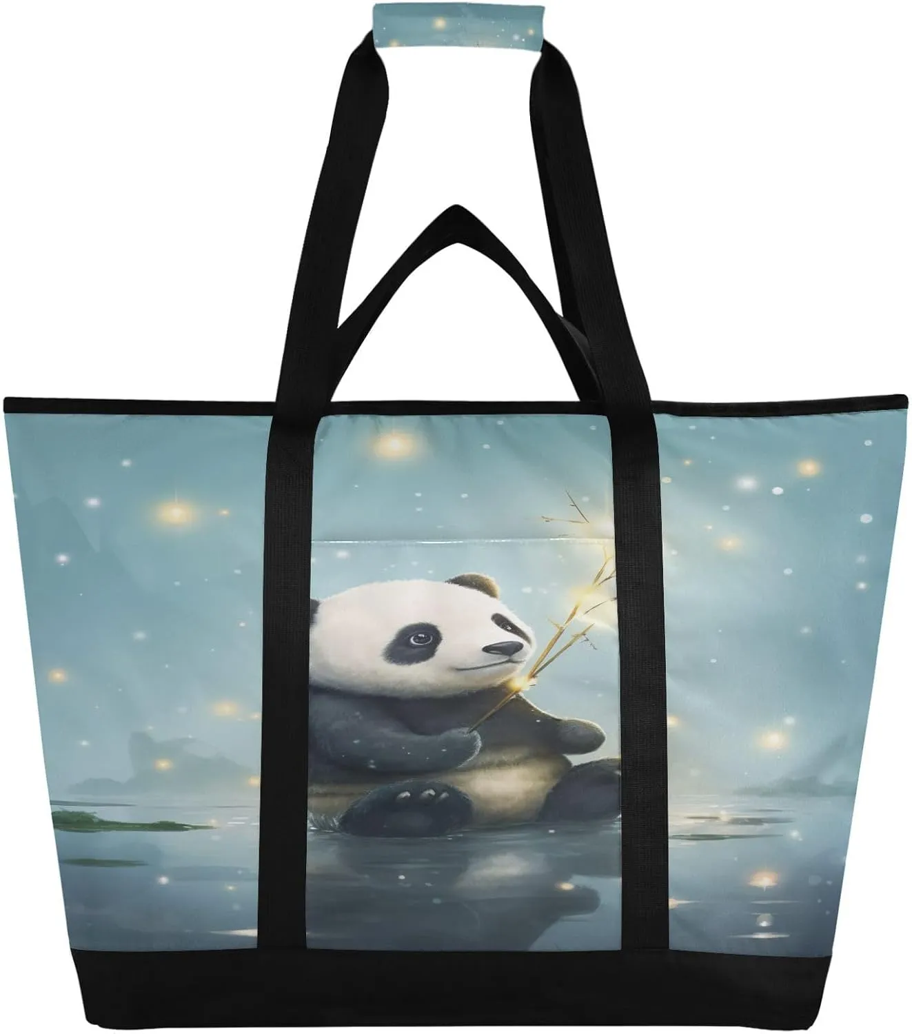 Panda Bear Sea Tote Bag for Women with Zipper Reusable Grocery Bags Foldable Insulated Cooler Bag Totes Shopping Bags Handbags for Groceries Work Picnic Travel Beach