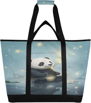Panda Bear Sea Tote Bag for Women with Zipper Reusable Grocery Bags Foldable Insulated Cooler Bag Totes Shopping Bags Handbags for Groceries Work Picnic Travel Beach