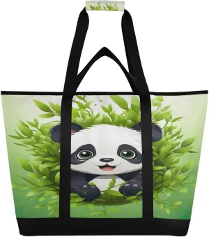 Panda Bear Tote Bag for Women with Zipper Reusable Grocery Bags Foldable Insulated Cooler Bag Totes Handbags Shopping Bags for Groceries Beach Travel Picnic Work
