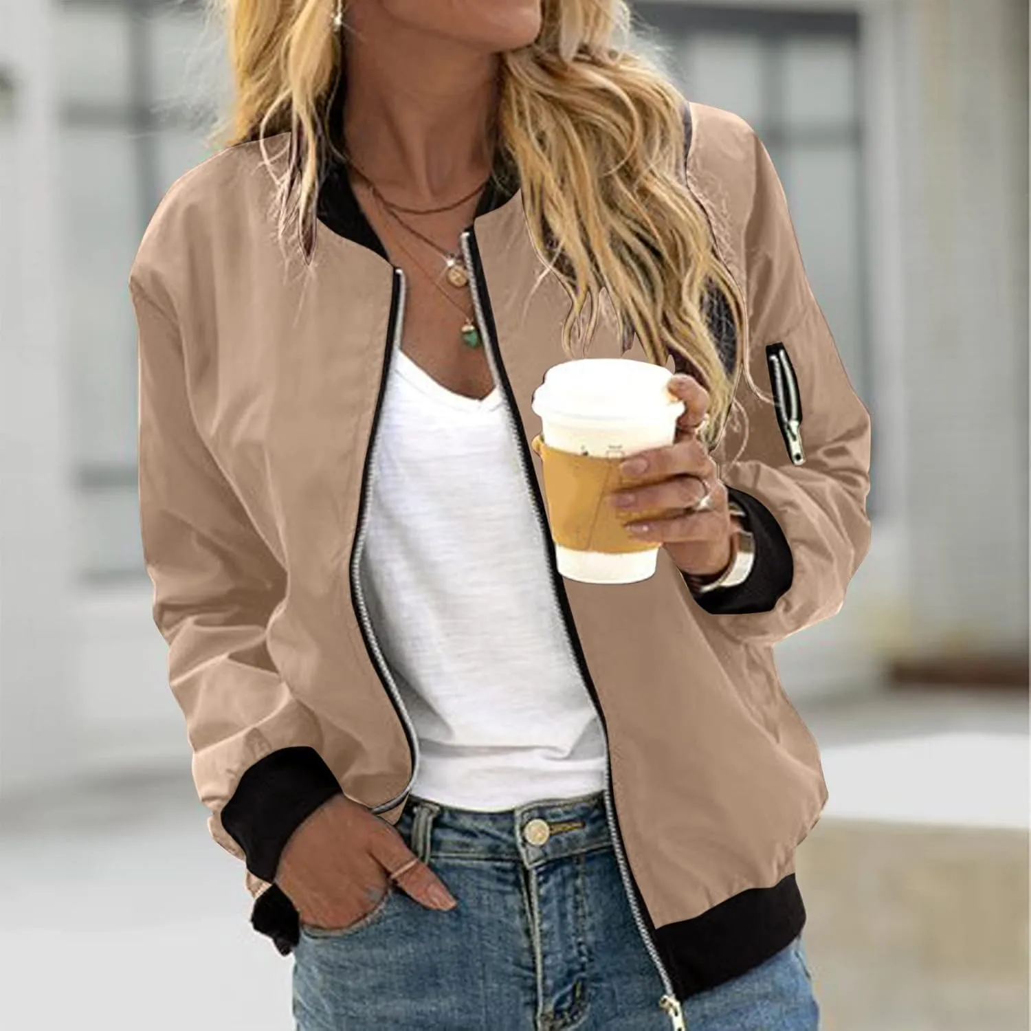 PeQAQ Jackets for Women Fashion 2024 Fall Lightweight Zipper Coats Trendy Casual Windproof Trench Coats Plus Size Outwear