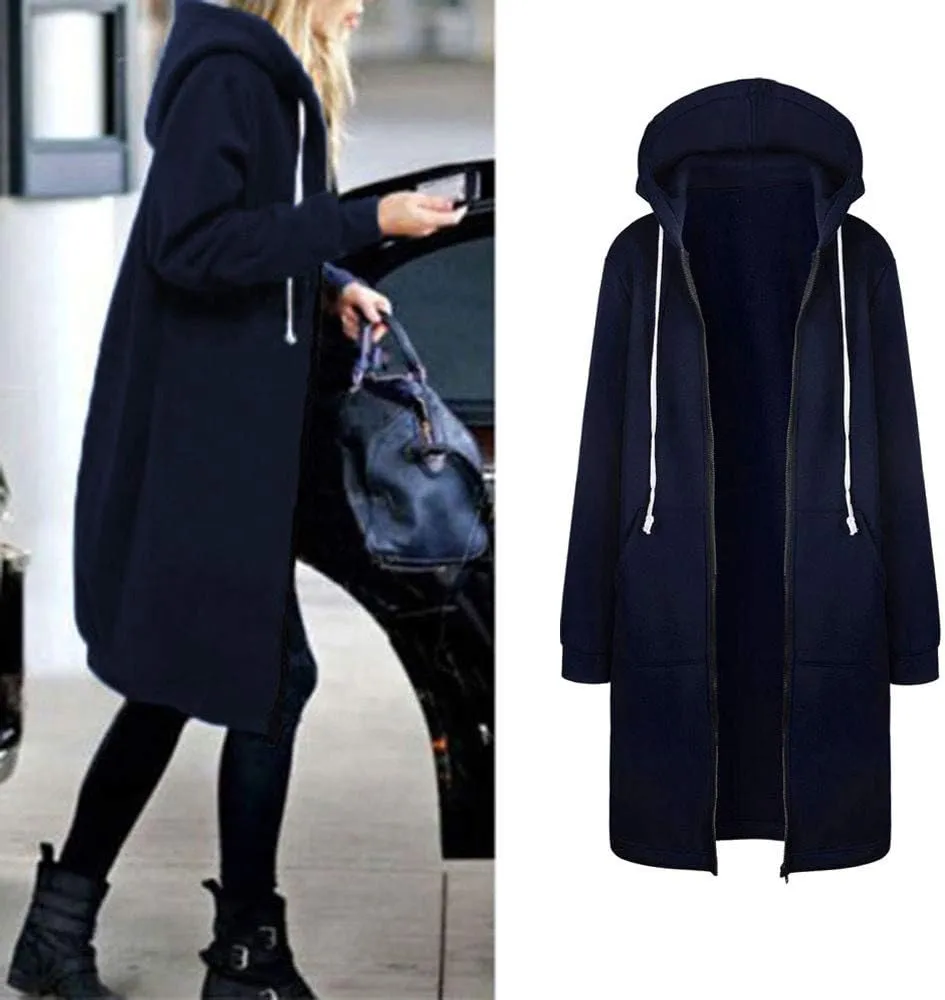 PeQAQ Women's 2024 Plus Size Hooded Coat Lightweight Fall Jacket Long Zipper Sweatshirts Fashion Trendy Casual Trench Coat