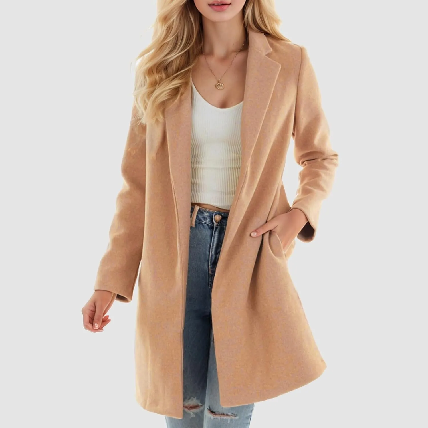 PeQAQ Womens Woolen Jacket Long Open Front Cardigan Dressy Casual Winter Sport Coats With Pockets Trendy Suit Jackets Blazer