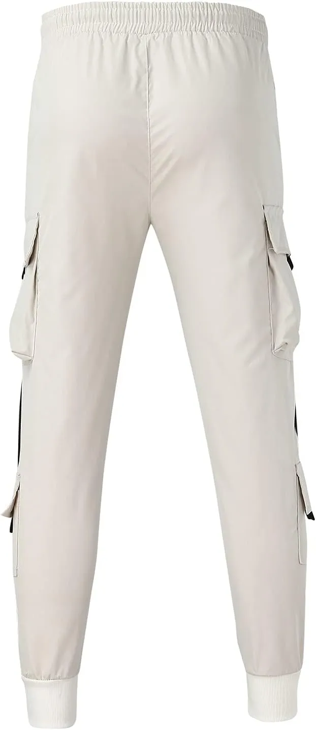 peqiut Cargo Pants for Men Drawstring Elastic Waist Jogging Pants with Pockets Solid Color Comfort Sweatpants