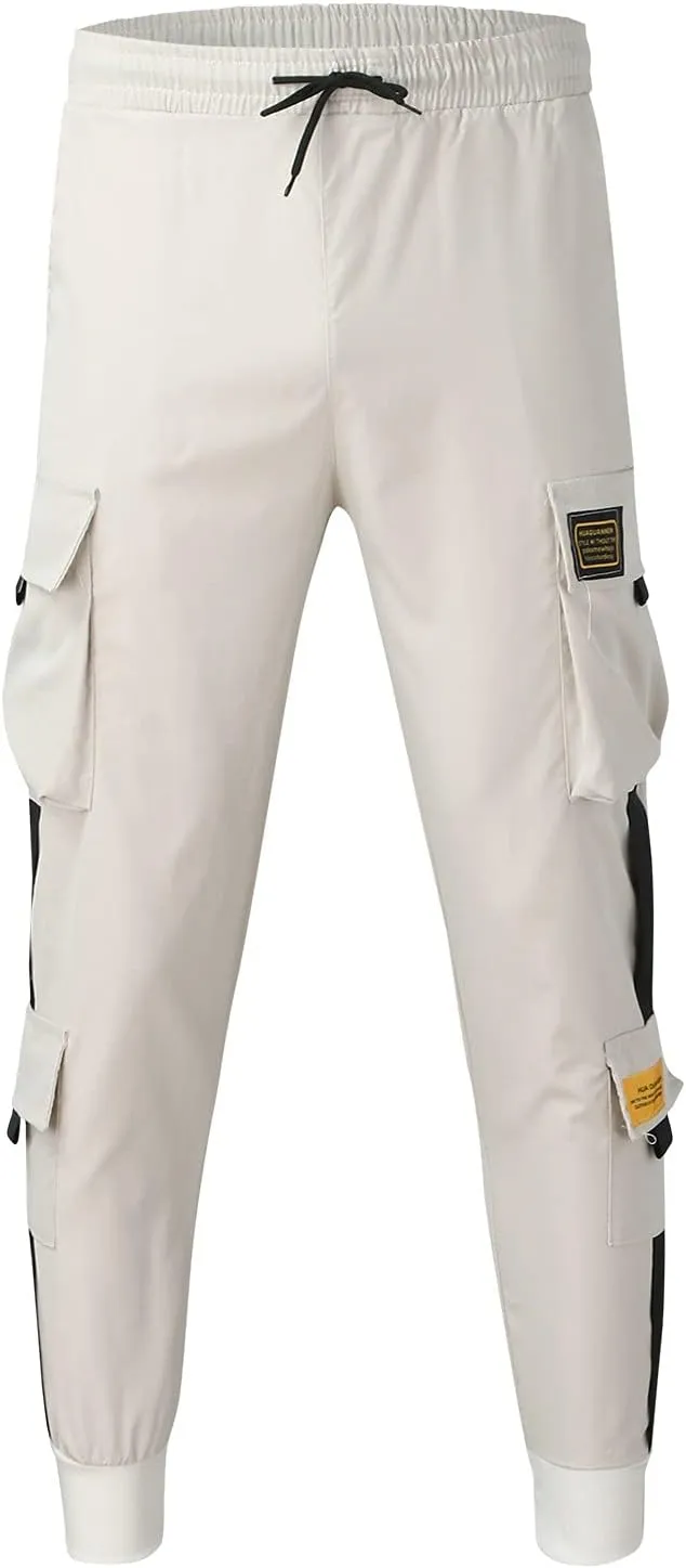 peqiut Cargo Pants for Men Drawstring Elastic Waist Jogging Pants with Pockets Solid Color Comfort Sweatpants