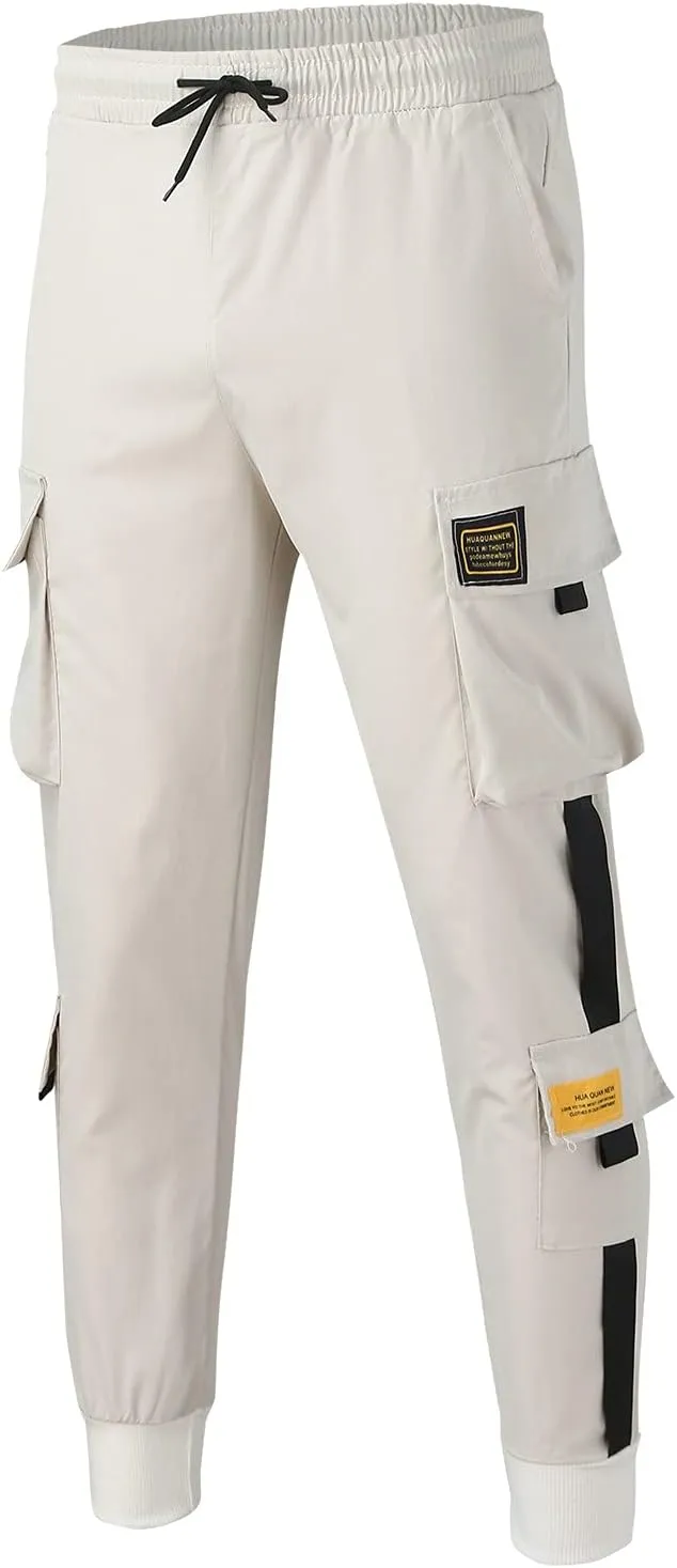 peqiut Cargo Pants for Men Drawstring Elastic Waist Jogging Pants with Pockets Solid Color Comfort Sweatpants