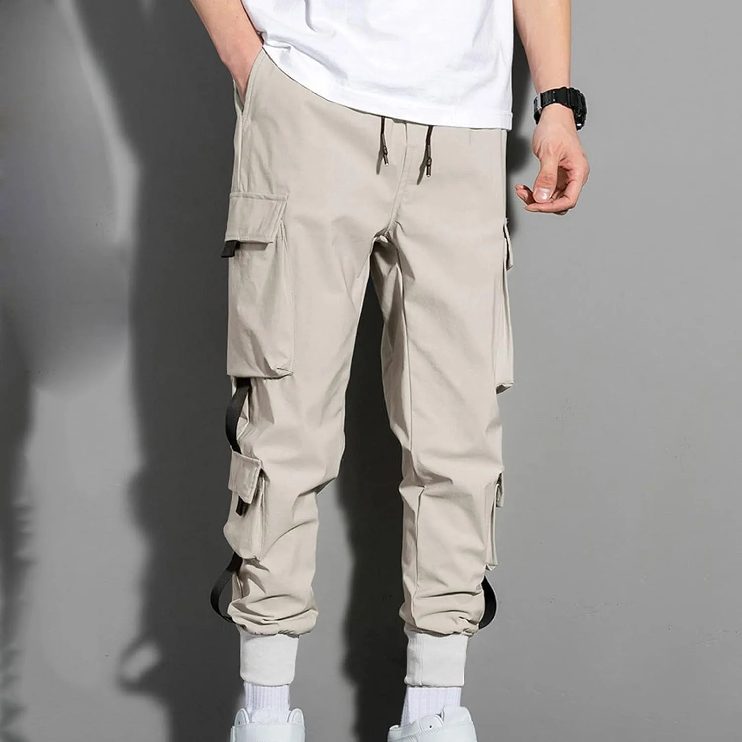 peqiut Cargo Pants for Men Drawstring Elastic Waist Jogging Pants with Pockets Solid Color Comfort Sweatpants