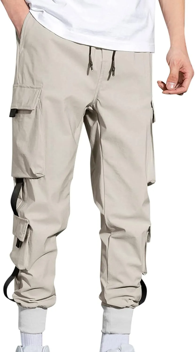 peqiut Cargo Pants for Men Drawstring Elastic Waist Jogging Pants with Pockets Solid Color Comfort Sweatpants