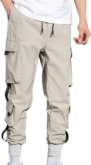 peqiut Cargo Pants for Men Drawstring Elastic Waist Jogging Pants with Pockets Solid Color Comfort Sweatpants