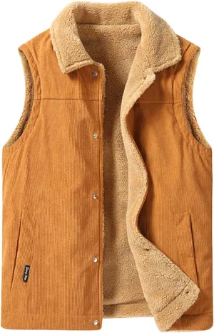 Perbai Mens Winter Warm Fleece Vest Button Down Lapel Sherpa Lined Corduroy Sleeveless Jacket
