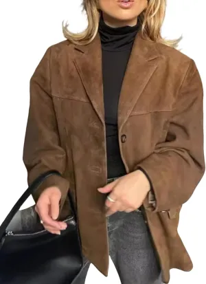 Perbai Women's Vintage Faux Suede Blazer Jacket Notched Lapel Single Breasted Suede Leather Barn Suit Jacket
